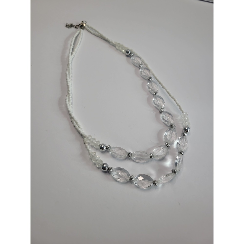 White Clear Double Strand Beaded Necklace Faceted Oval Silver Tone Statement - Picture 8 of 9